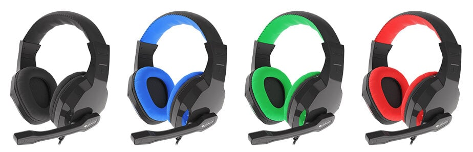 Cztery zestawy słuchawkowe dla graczy w różnych kolorach: czarnym, niebieskim, zielonym i czerwonym, każdy z mikrofonem.