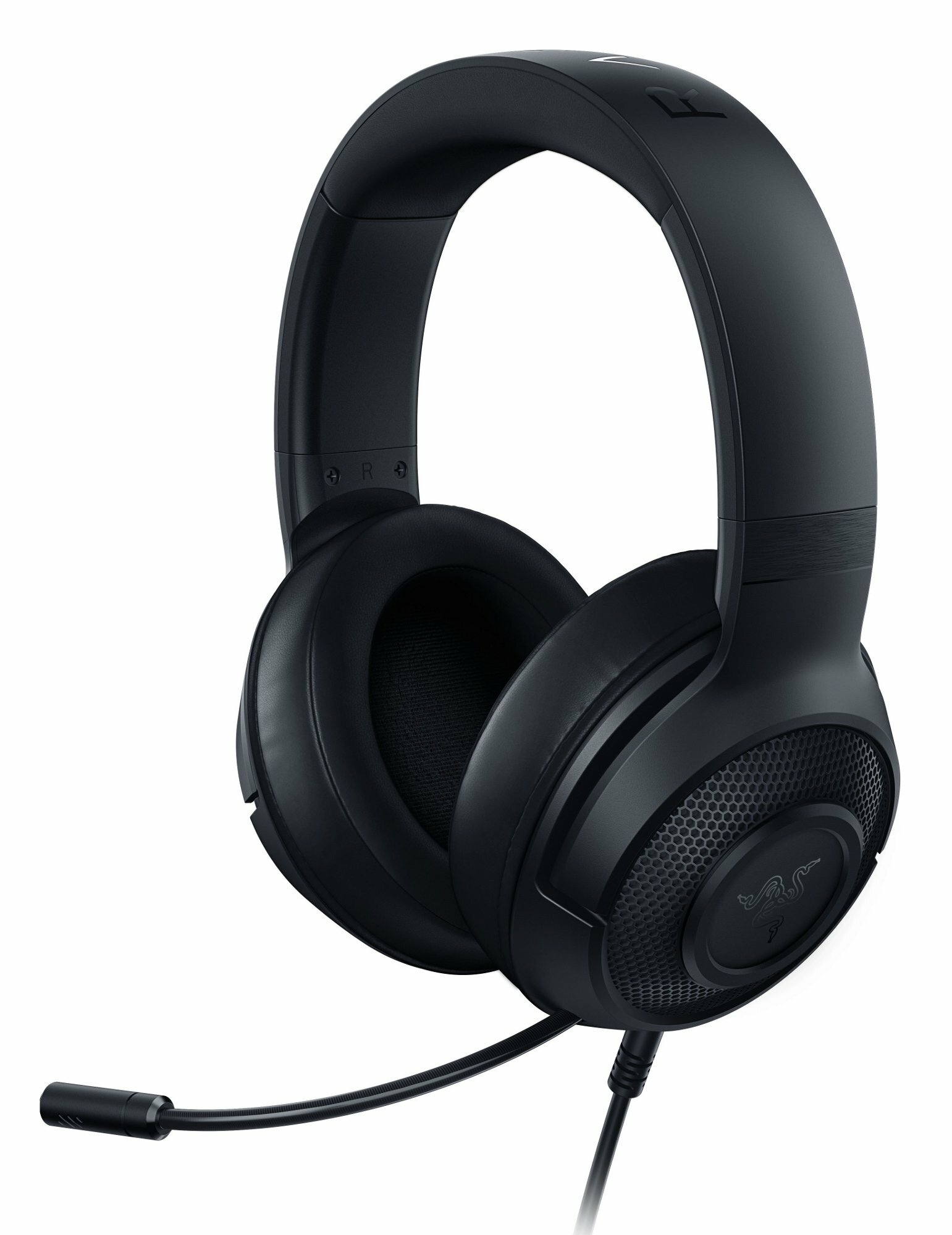 Czarny zestaw słuchawkowy Razer do gier z mikrofonem. Logo Razer. Białe tło.