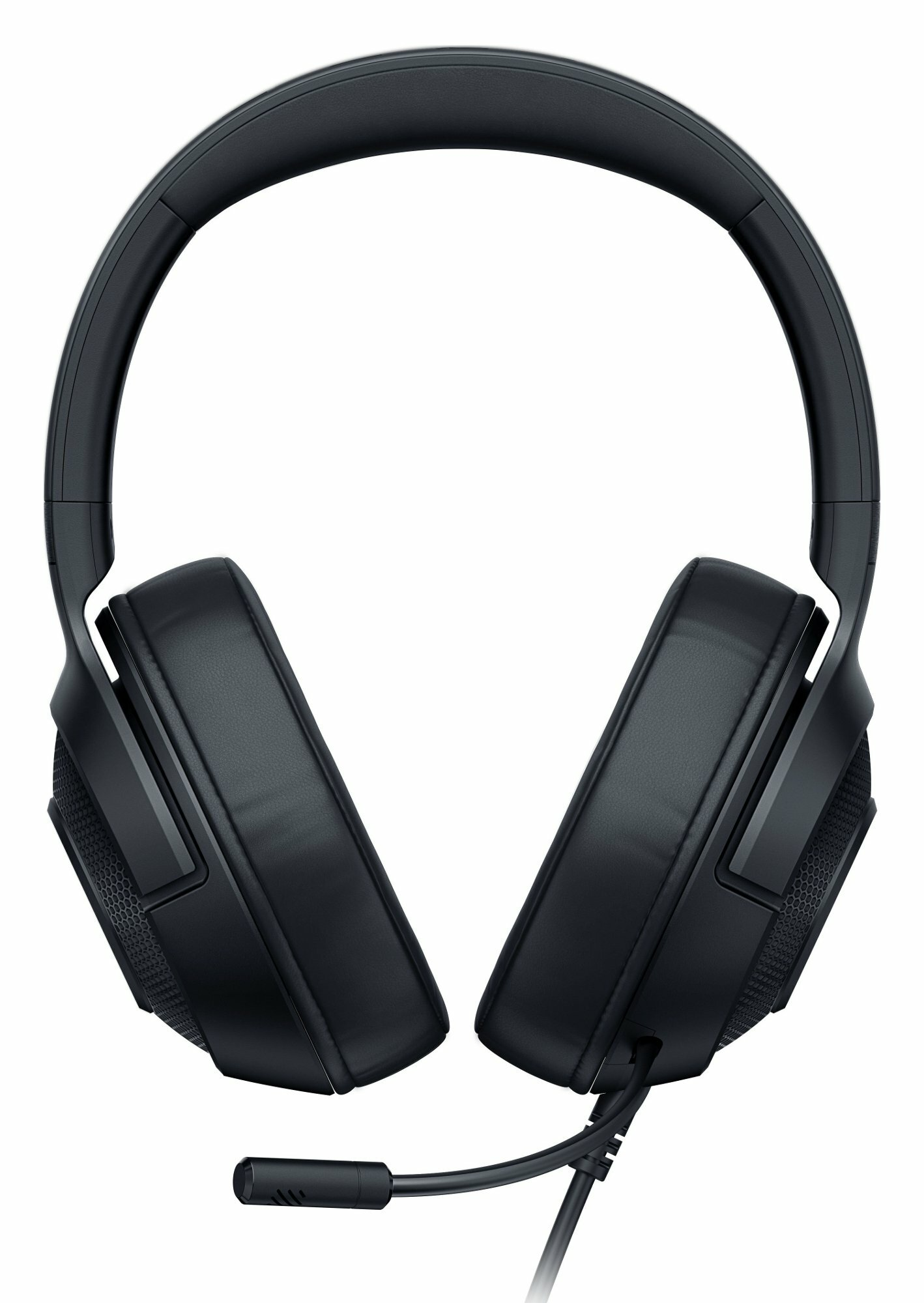 Czarne słuchawki z dołączonym mikrofonem, na białym tle.