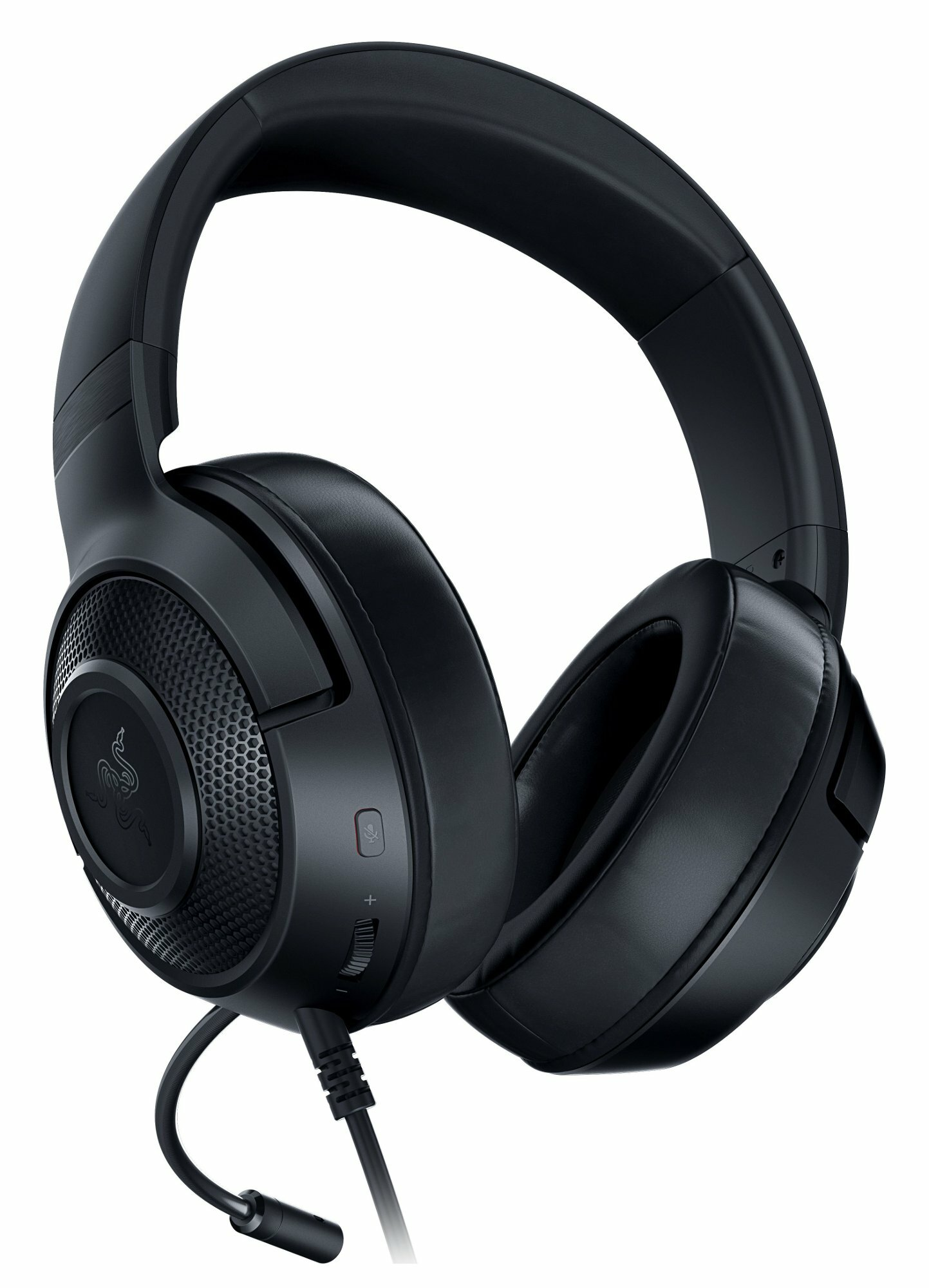 Czarne słuchawki dla graczy z mikrofonem i regulacją głośności na lewym na białym tle.