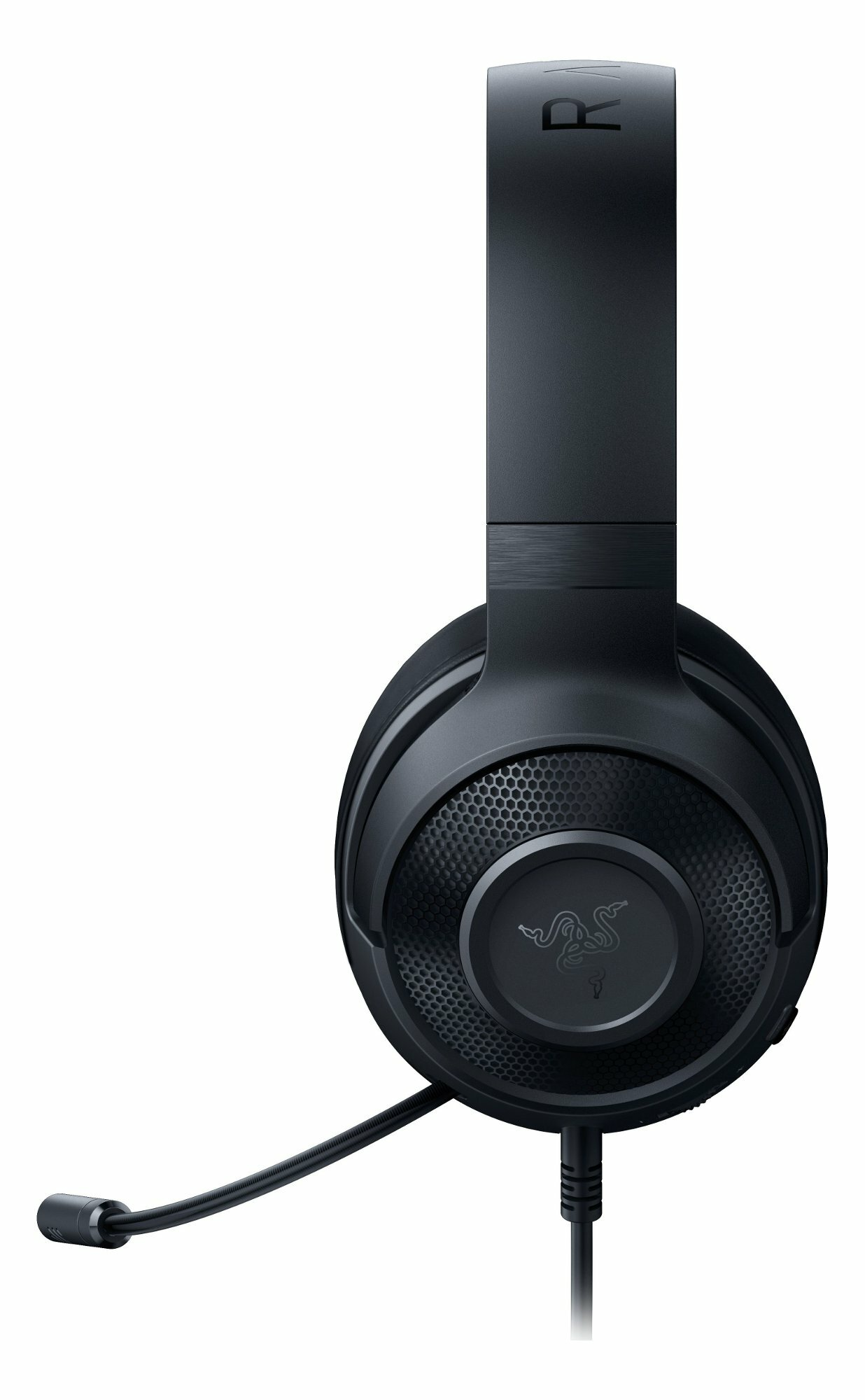 Czarne słuchawki dla graczy Razer z mikrofonem. Tło jest białe.