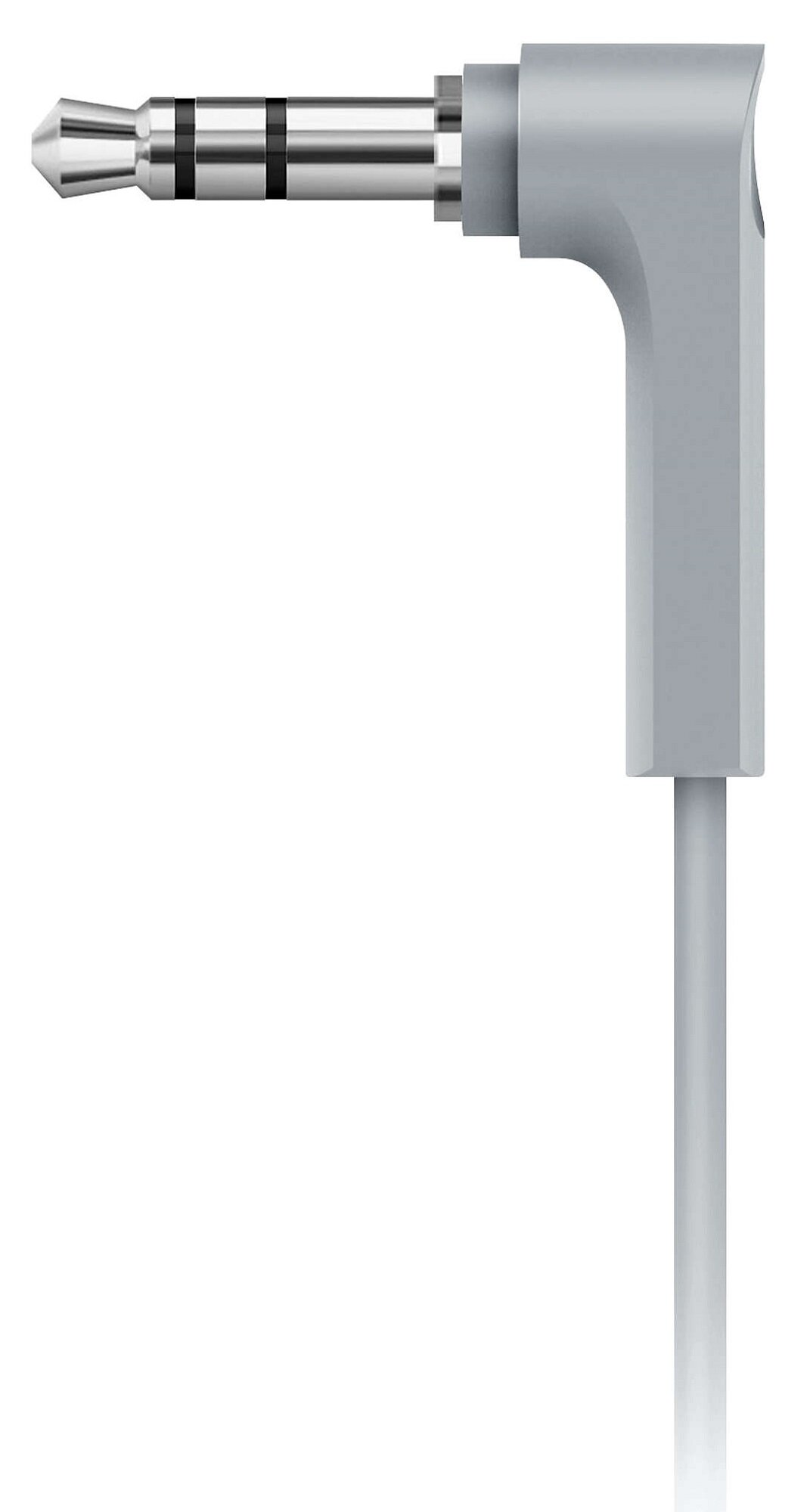 Zbliżenie srebrnego, kątowego gniazda słuchawkowego z białym kablem.