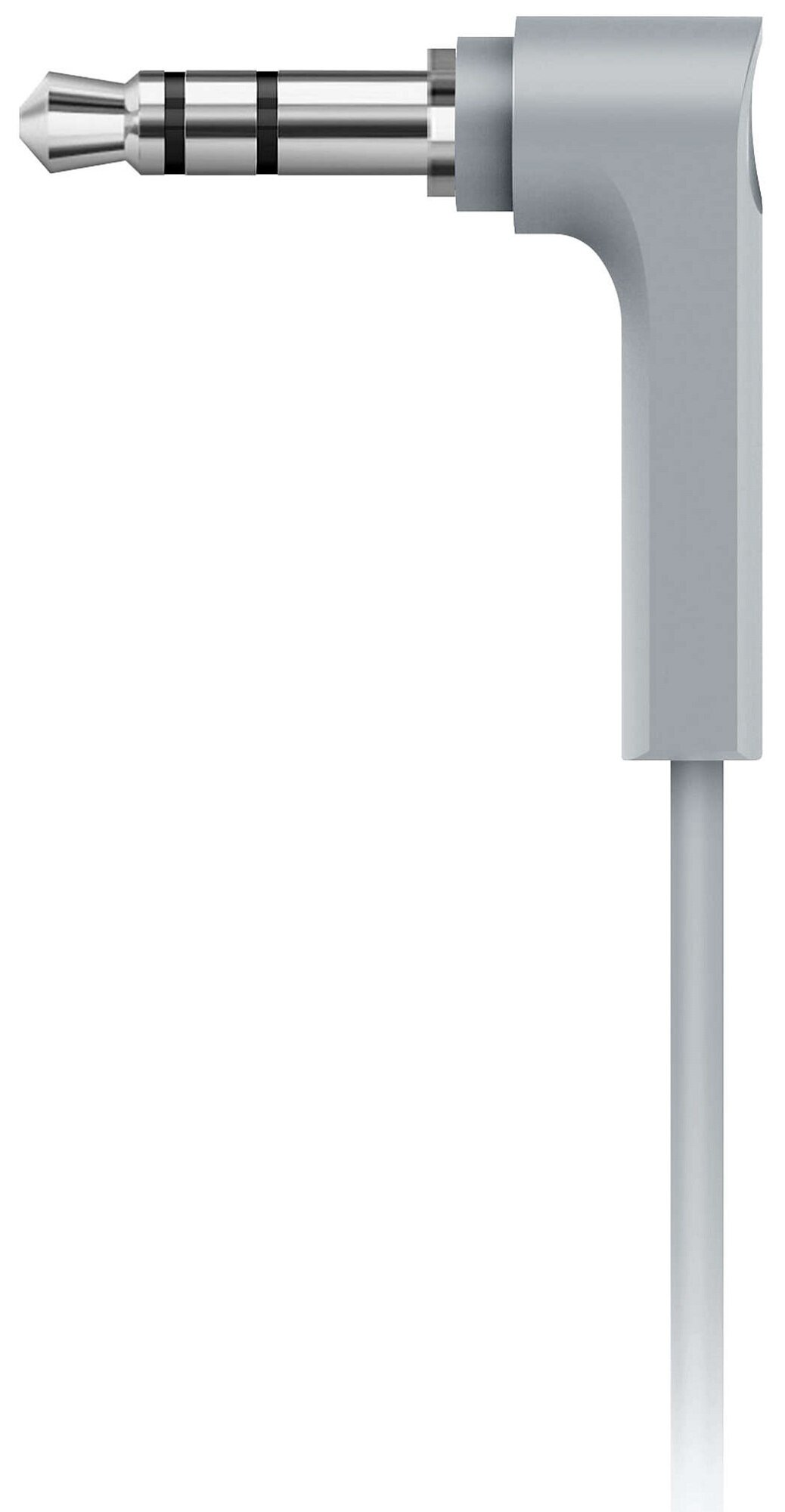 Srebrny, kątowy wtyk audio na białym tle.