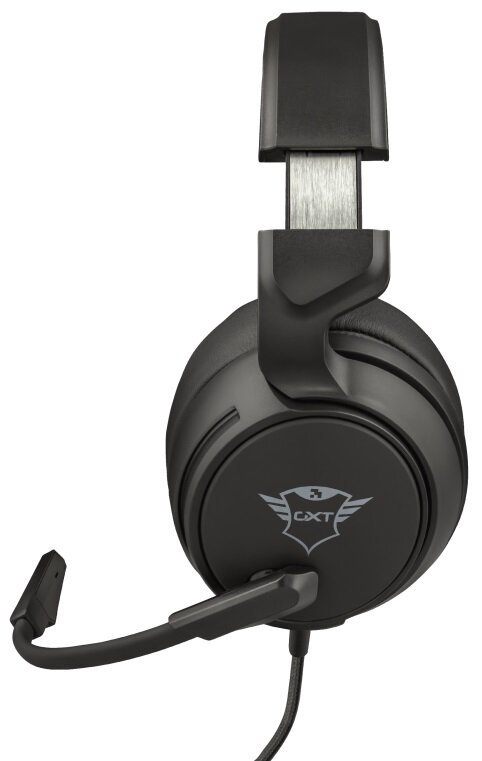 Czarny zestaw słuchawkowy do gier z mikrofonem. Jest na białym tle.