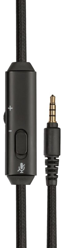 Czarny kabel audio z regulacją głośności i przyciskiem mikrofonu oraz wtyczką 3,5 mm.