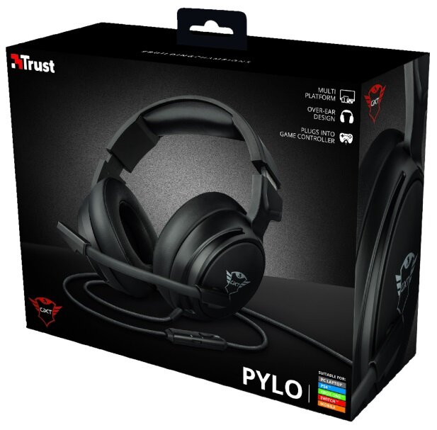 Czarny zestaw słuchawkowy Trust Pylon w pudełku. Pudełko ma obraz zestawu słuchawkowego i specyfikacje.