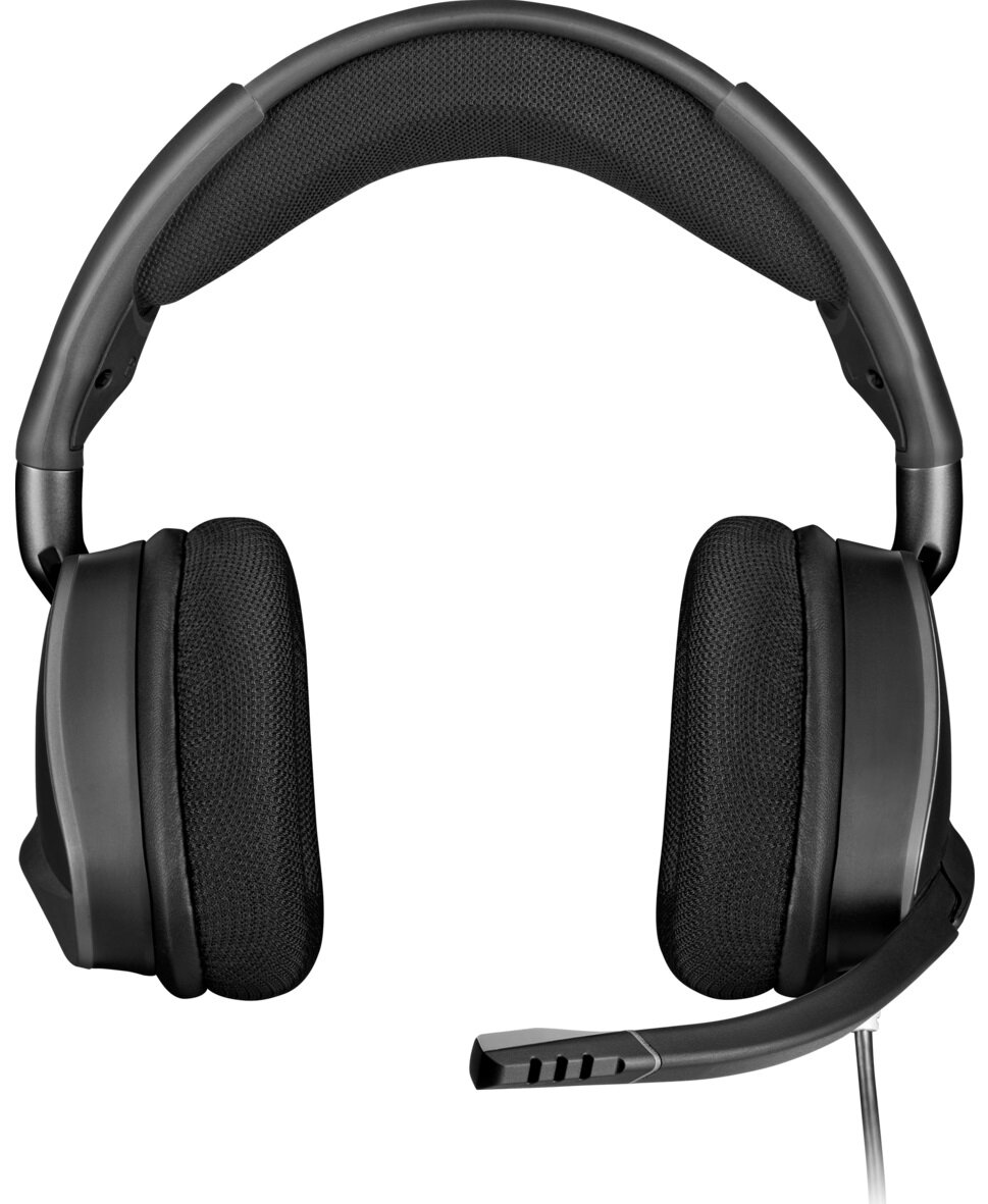 Czarny zestaw słuchawkowy dla graczy z mikrofonem, konstrukcja nauszna, na białym tle.