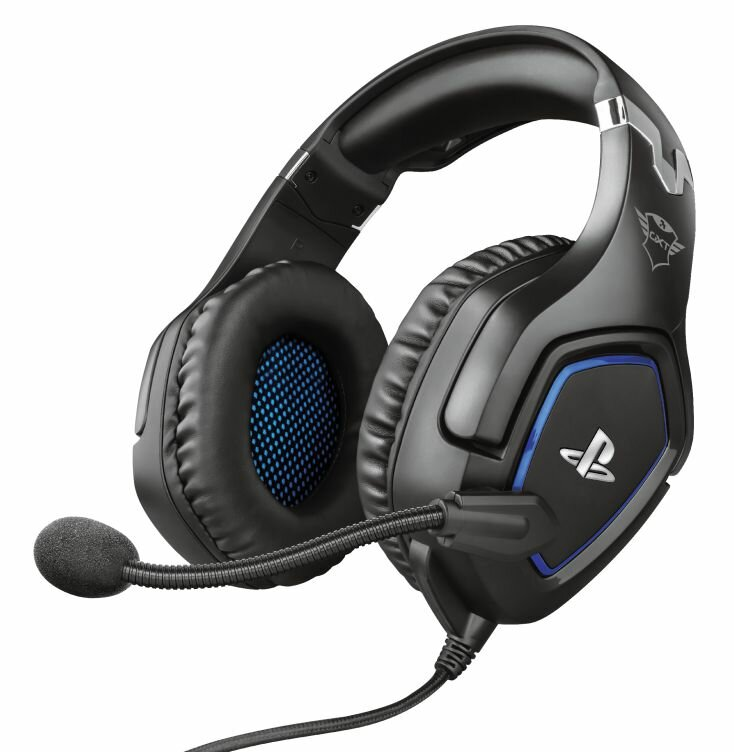 Czarne słuchawki dla graczy z niebieskimi akcentami, mikrofonem i logo PlayStation.