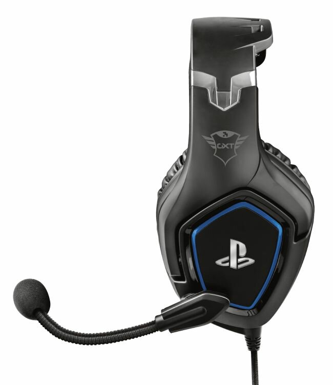 Czarne słuchawki dla graczy z niebieskimi akcentami, mikrofonem i logo PlayStation na białym tle.