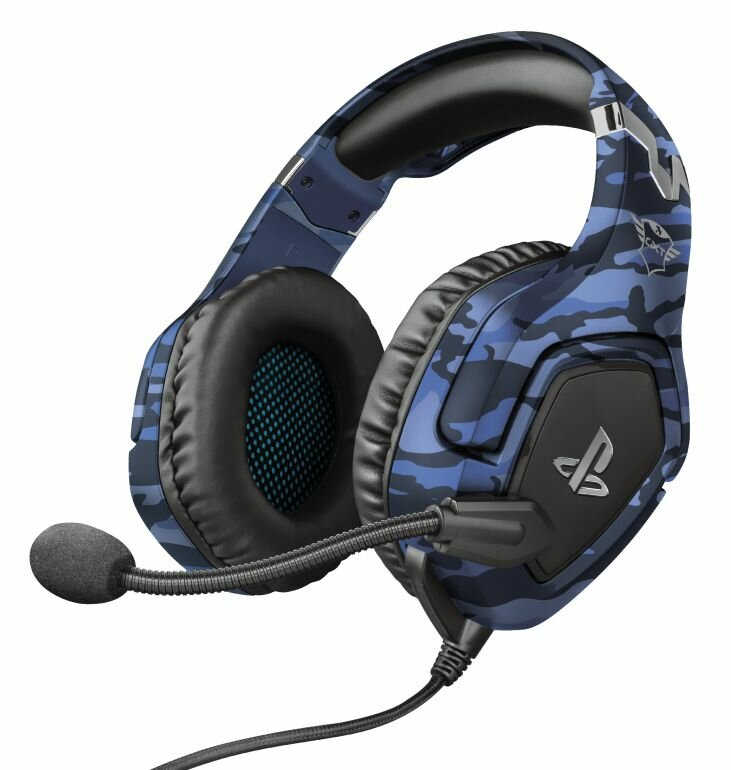 Niebieski kamuflażowy zestaw słuchawkowy dla graczy z mikrofonem i logo PlayStation. Czarna wyściółka i podłączony kabel.
