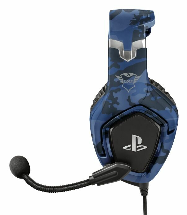 Niebieski kamuflażowy zestaw słuchawkowy dla graczy z mikrofonem. Posiada logo Playstation. Czarny mikrofon i kabel.