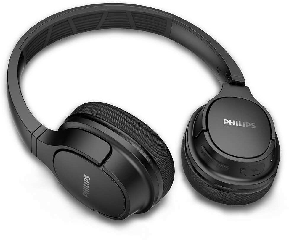 Czarne słuchawki Philips na białym tle. Słuchawki są bezprzewodowe.