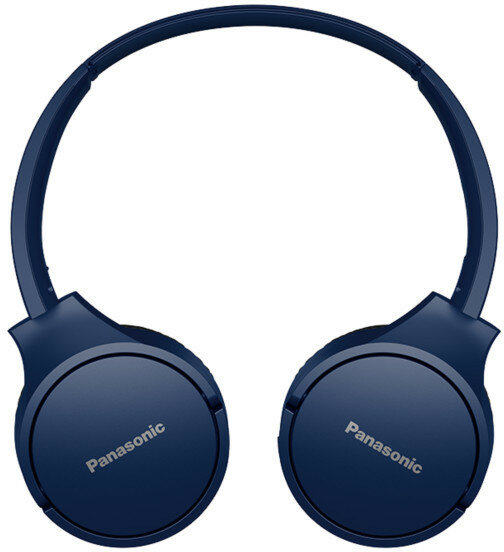 Ciemnoniebieskie słuchawki Panasonic. Na nausznikach widnieje logo Panasonic.