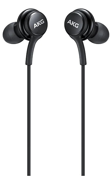 Dwa czarne słuchawki douszne AKG z czarnymi przewodami, na białym tle.