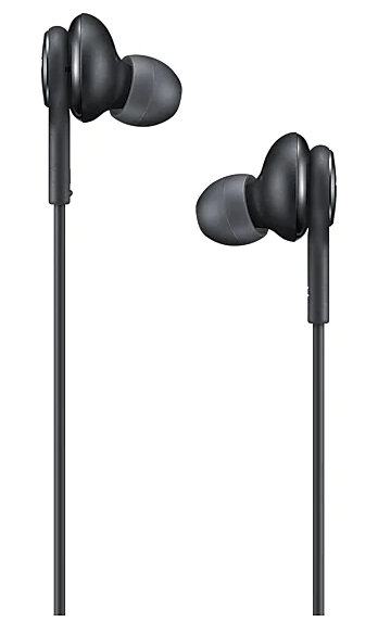 Czarne słuchawki douszne z szarymi końcówkami. Przewody są cienkie i czarne.