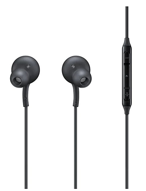 Czarne przewodowe słuchawki douszne, z dwoma głośnikami i pilotem inline.