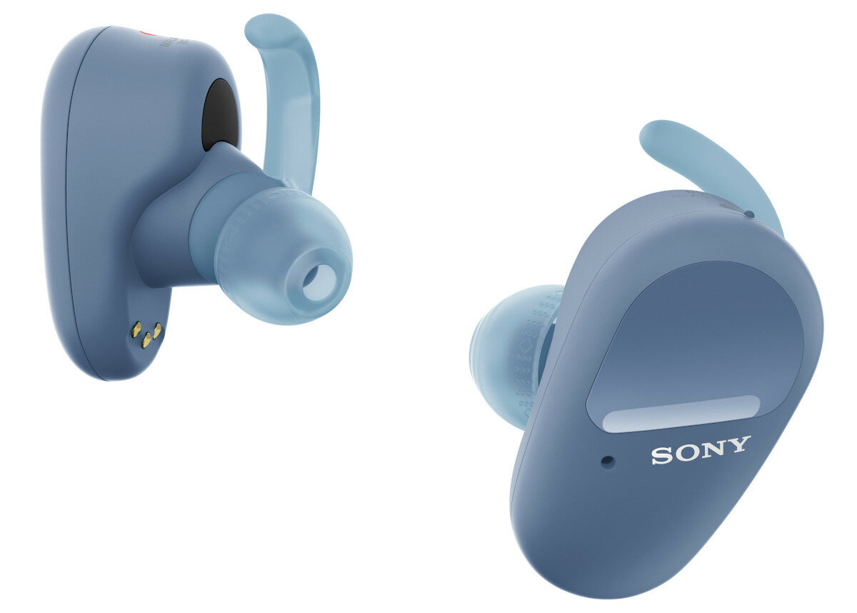 Dwa niebieskie słuchawki Sony. Jeden pokazuje widok z boku, drugi dwie części.