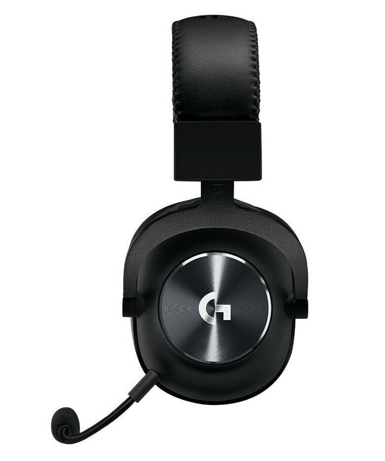 Czarny zestaw słuchawkowy dla graczy z mikrofonem i srebrnym logo na nauszniku, na białym tle.