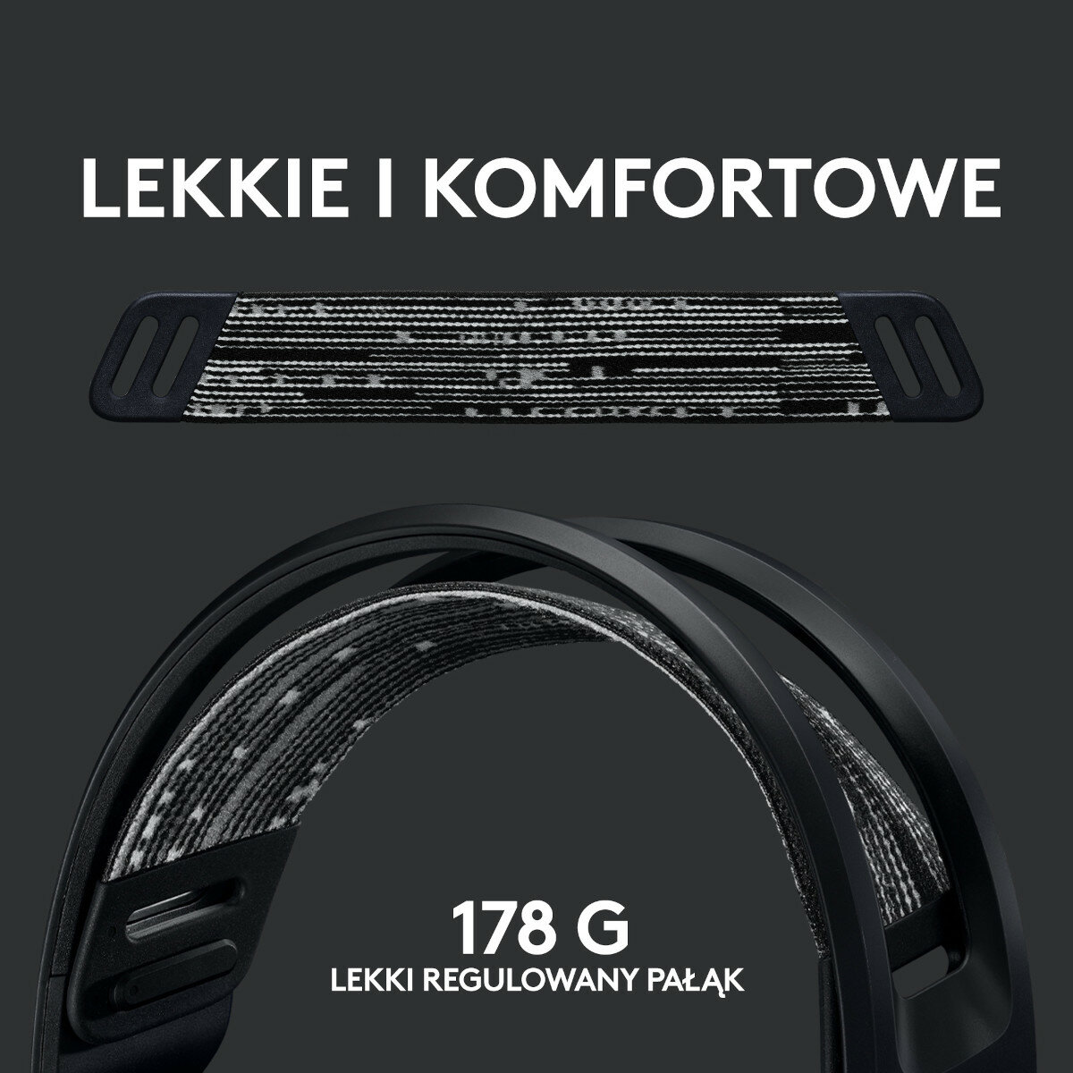 Zbliżenie pałąka i nauszników czarnego zestawu słuchawkowego, z tekstem wskazującym na lekką konstrukcję.