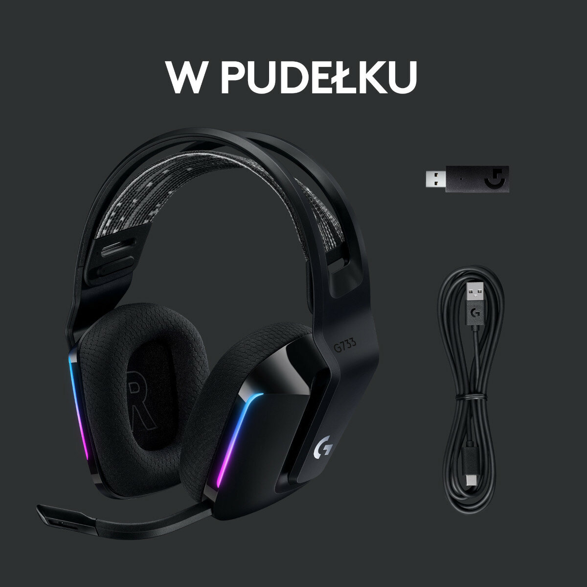 Czarny zestaw słuchawkowy Logitech G733, odbiornik USB i kabel.
