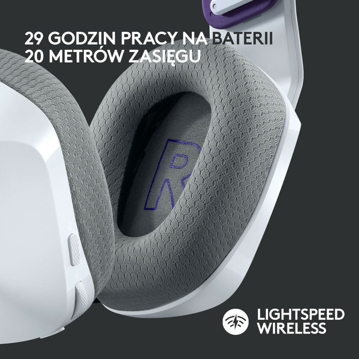 Biało-szare słuchawki z tekstem: 29 godzin pracy na baterii i 20 metrów zasięgu.