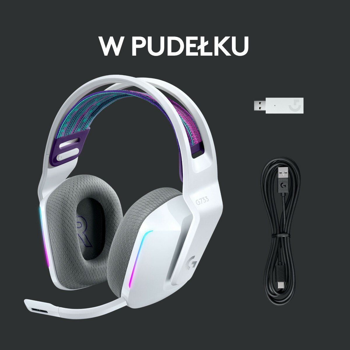 Biały zestaw słuchawkowy Logitech G733 z wielokolorowymi akcentami, mikrofonem i kablem do ładowania.