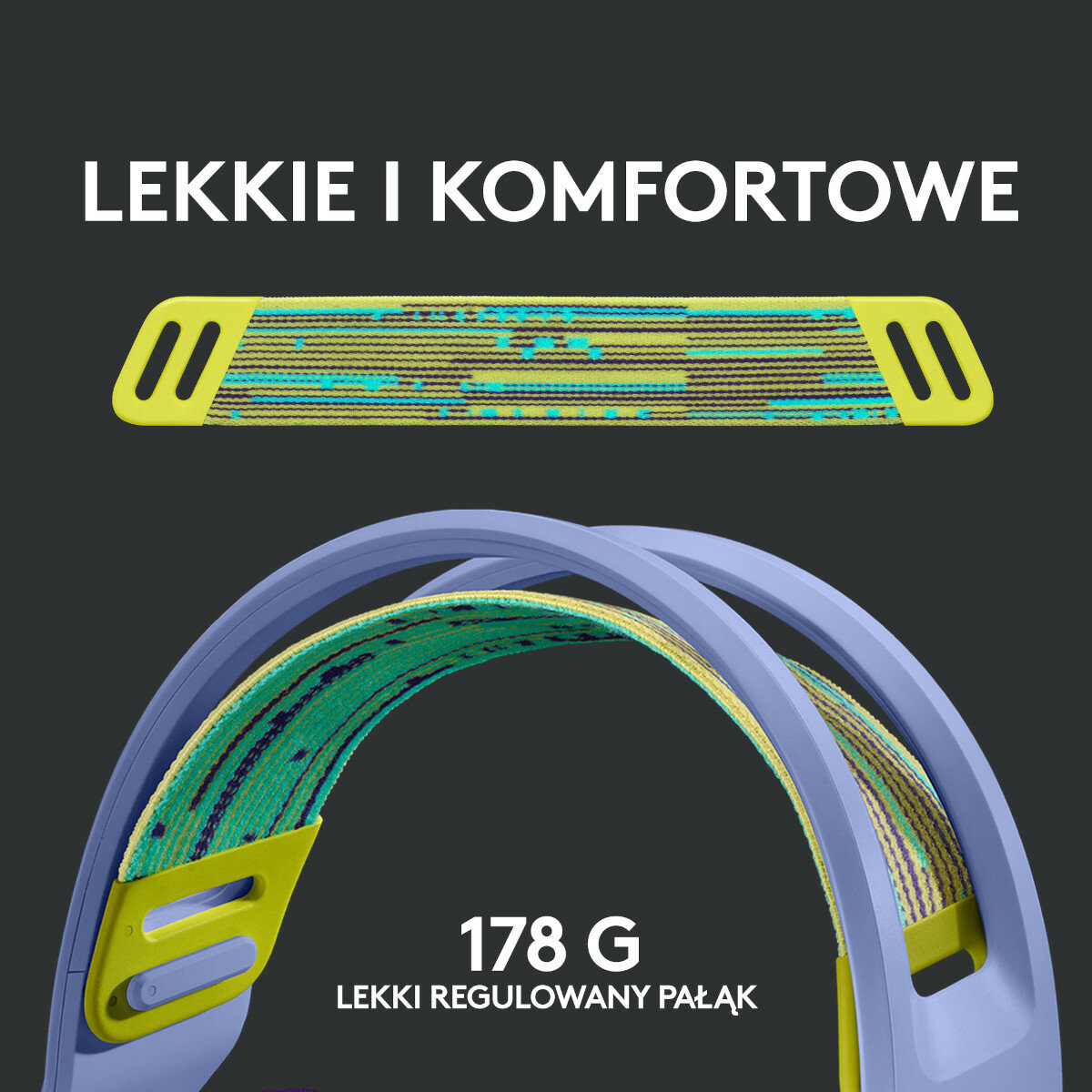 Opaska na słuchawki z napisem 'LEKKIE I KOMFORTOWE' i wagą 178 G.
