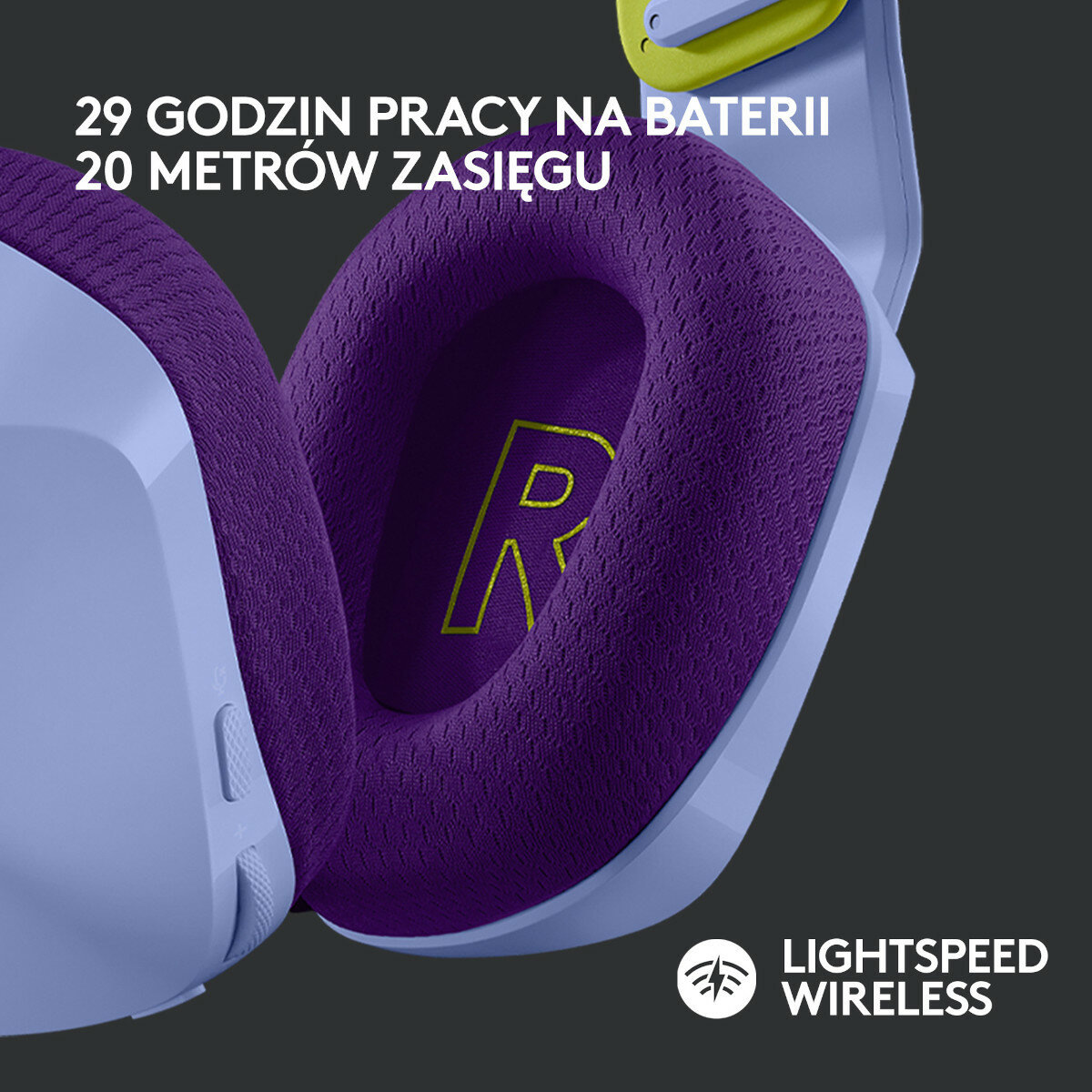 Fioletowo-niebieski zestaw słuchawkowy dla graczy z tekstem o baterii i zasięgu, na ciemnym tle.