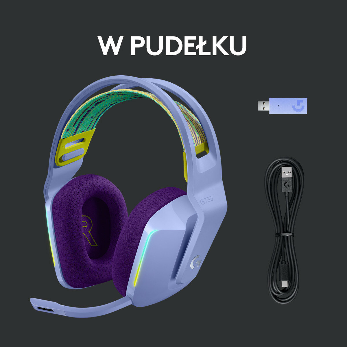 Niebiesko-fioletowy zestaw słuchawkowy dla graczy, odbiornik USB i czarny kabel ładujący na ciemnym tle.