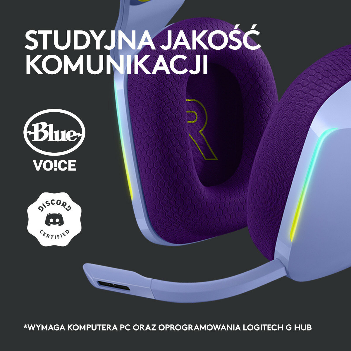 Niebieskie słuchawki dla graczy Logitech, z fioletowym wnętrzem i żółtymi akcentami.