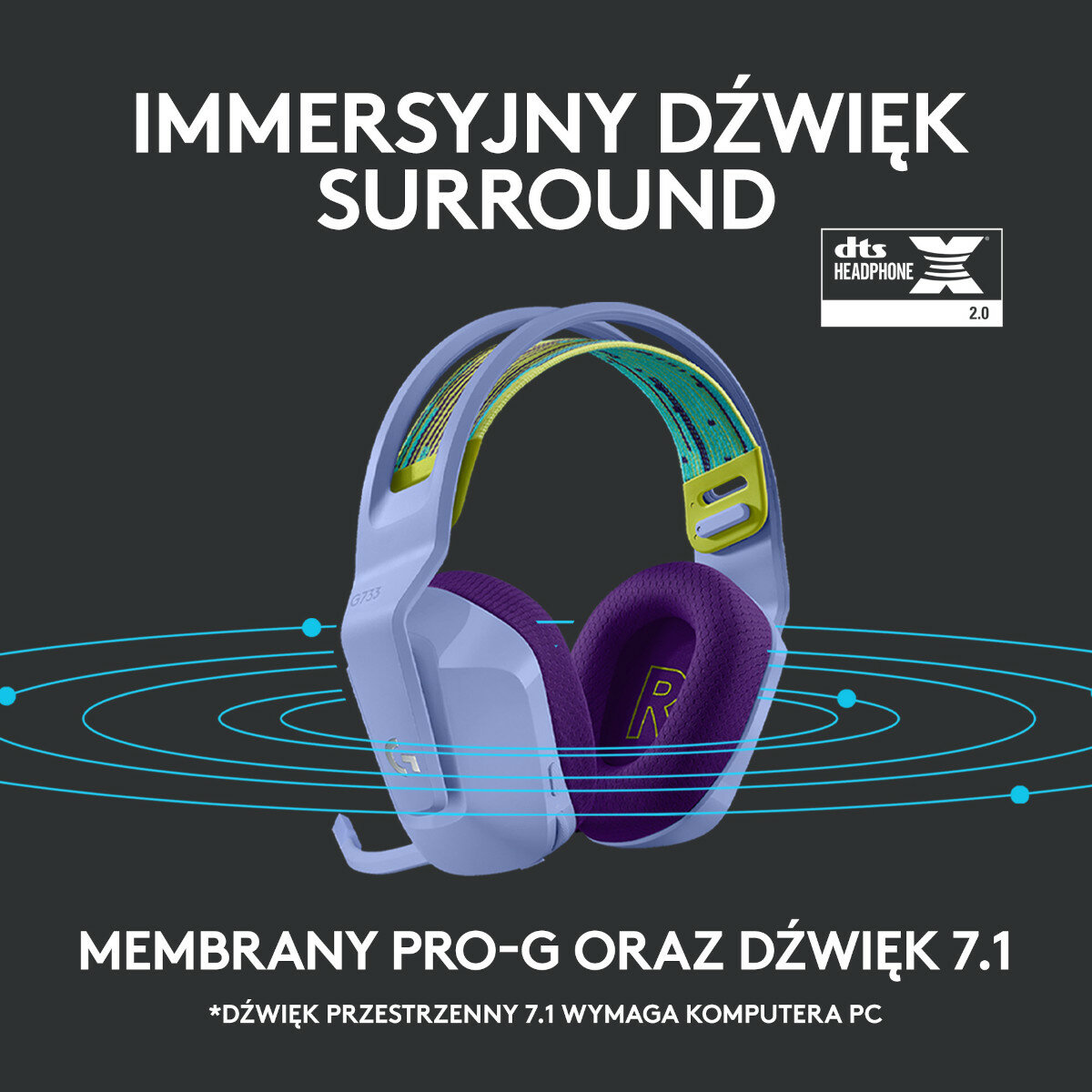 Para fioletowo-żółtych słuchawek z kablem, tekst mówi: IMMERSYJNY DZWIEK SURROUND.