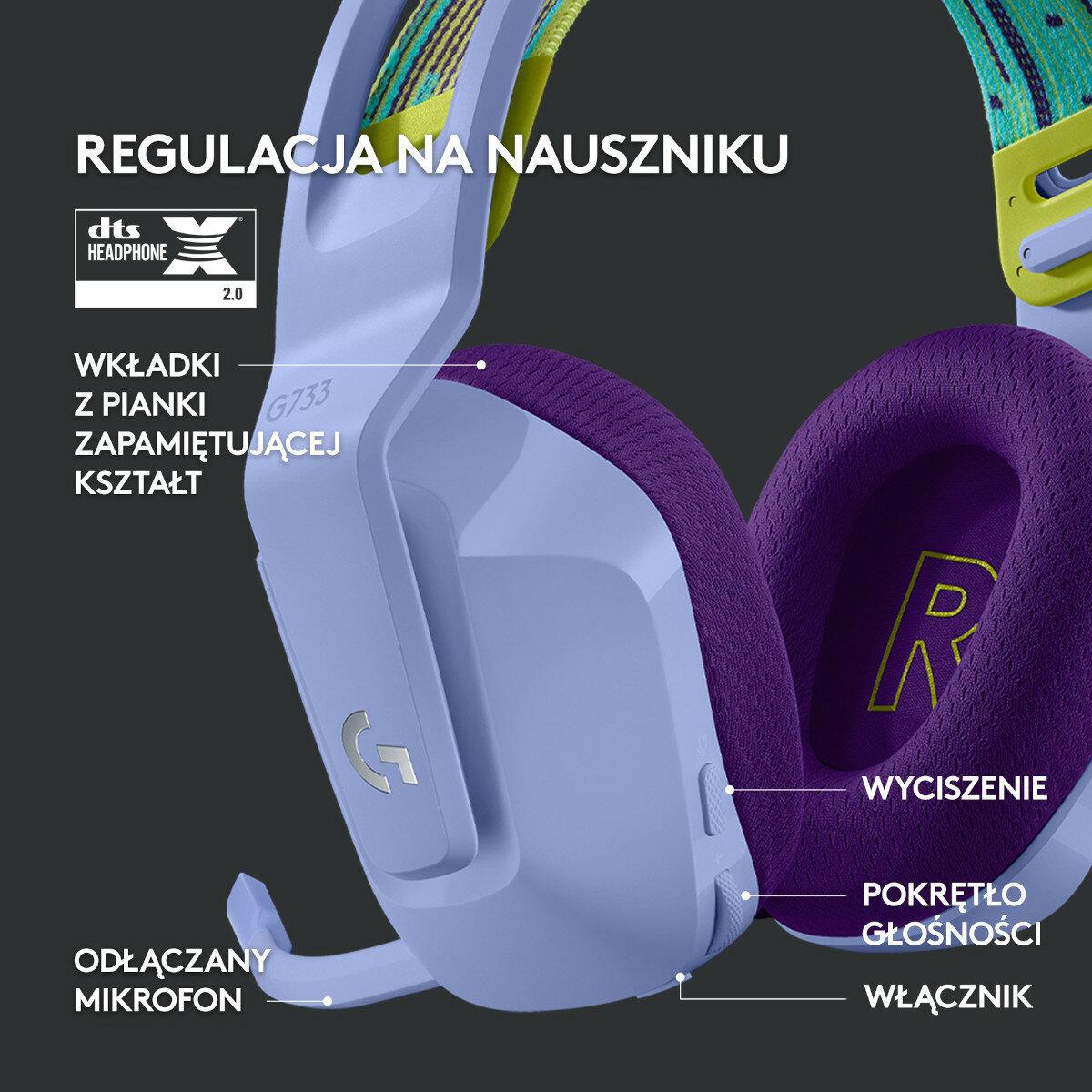 Niebieskie, fioletowe i żółte słuchawki do gier. Słuchawki mają odłączany mikrofon.