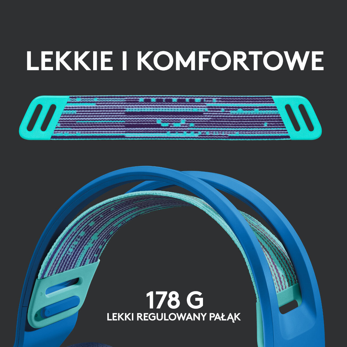 Niebiesko-fioletowy zestaw słuchawkowy, widok z góry z tekstem.