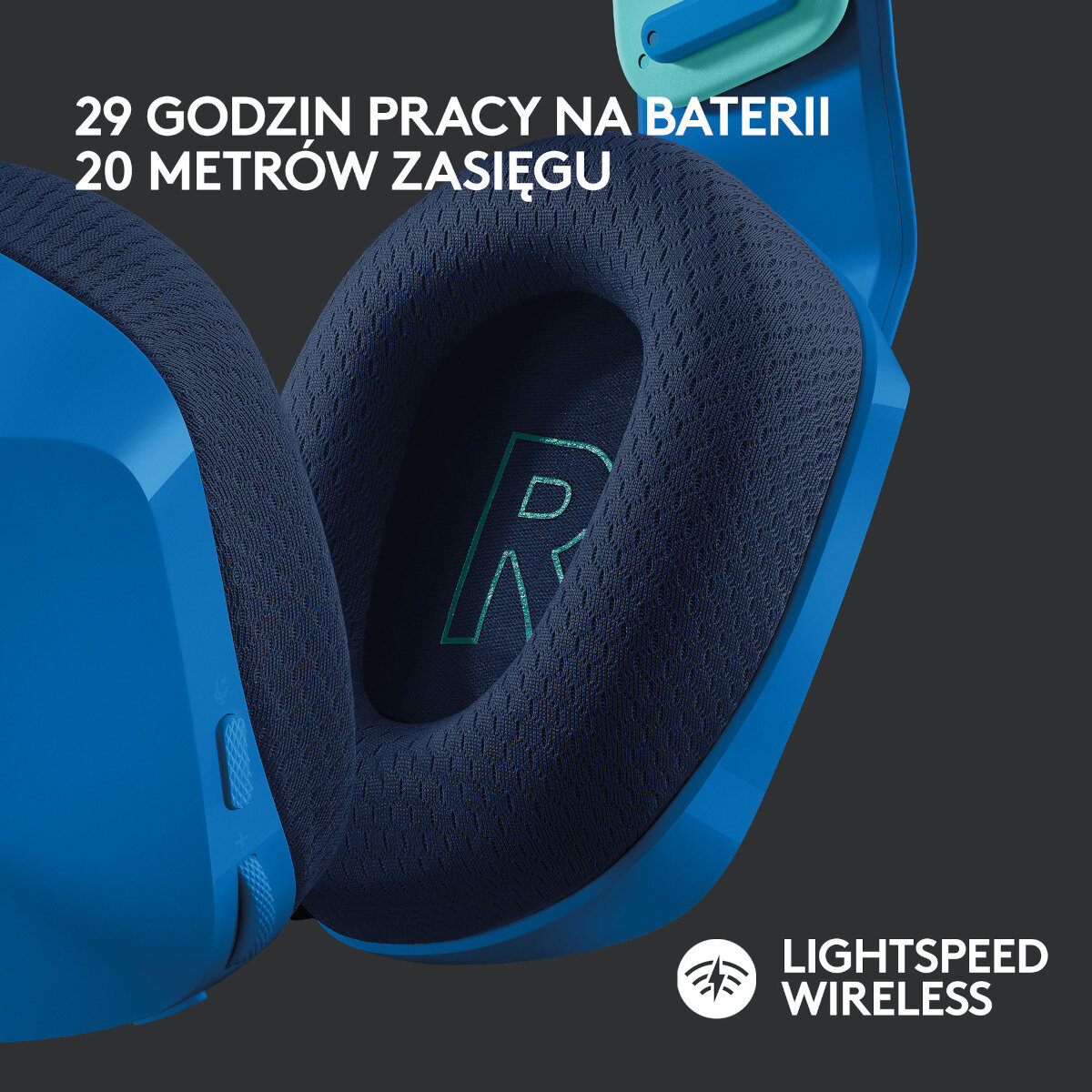 Zbliżenie niebiesko-czarnych słuchawek z logo Logitech. 29 godzin baterii.