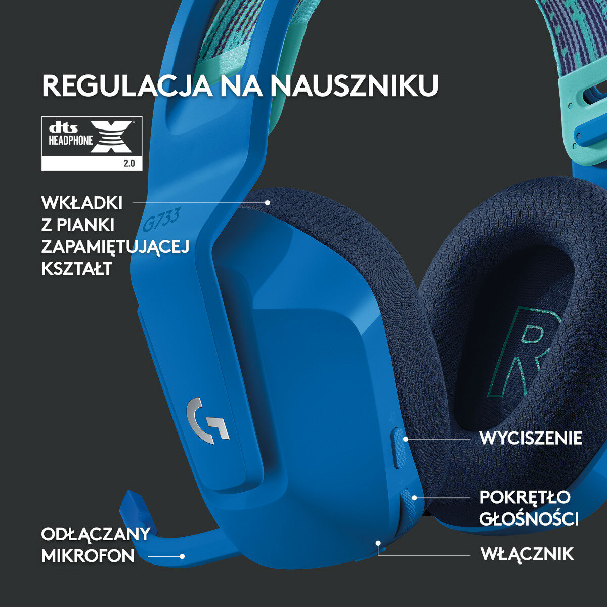 Niebieski i turkusowy zestaw słuchawkowy do gier z polskim tekstem. Pokazuje mikrofon, regulację głośności i szczegóły nauszników.
