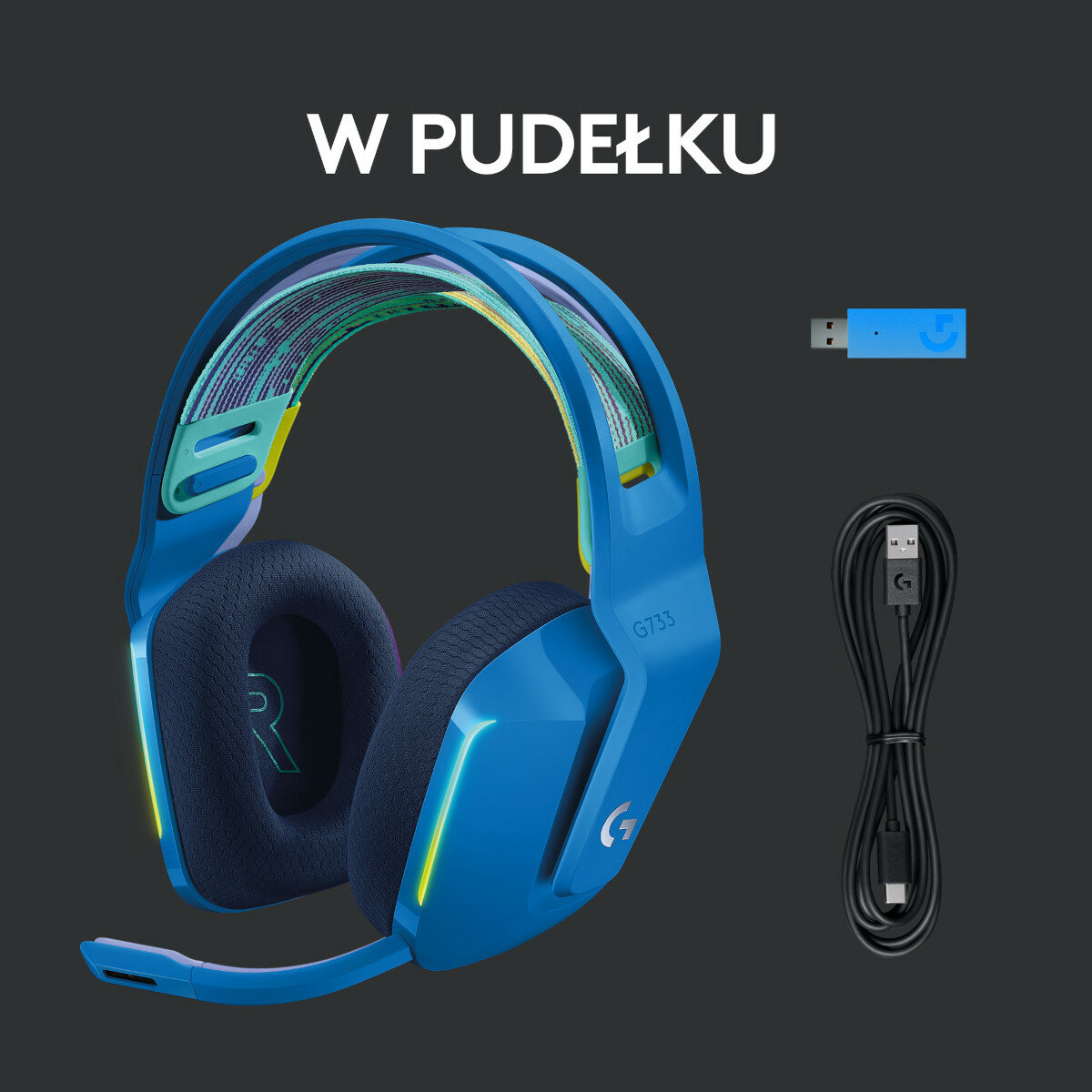 Niebieski zestaw słuchawkowy dla graczy z dołączonymi akcesoriami w pudełku. Dongle USB i kabel do ładowania.
