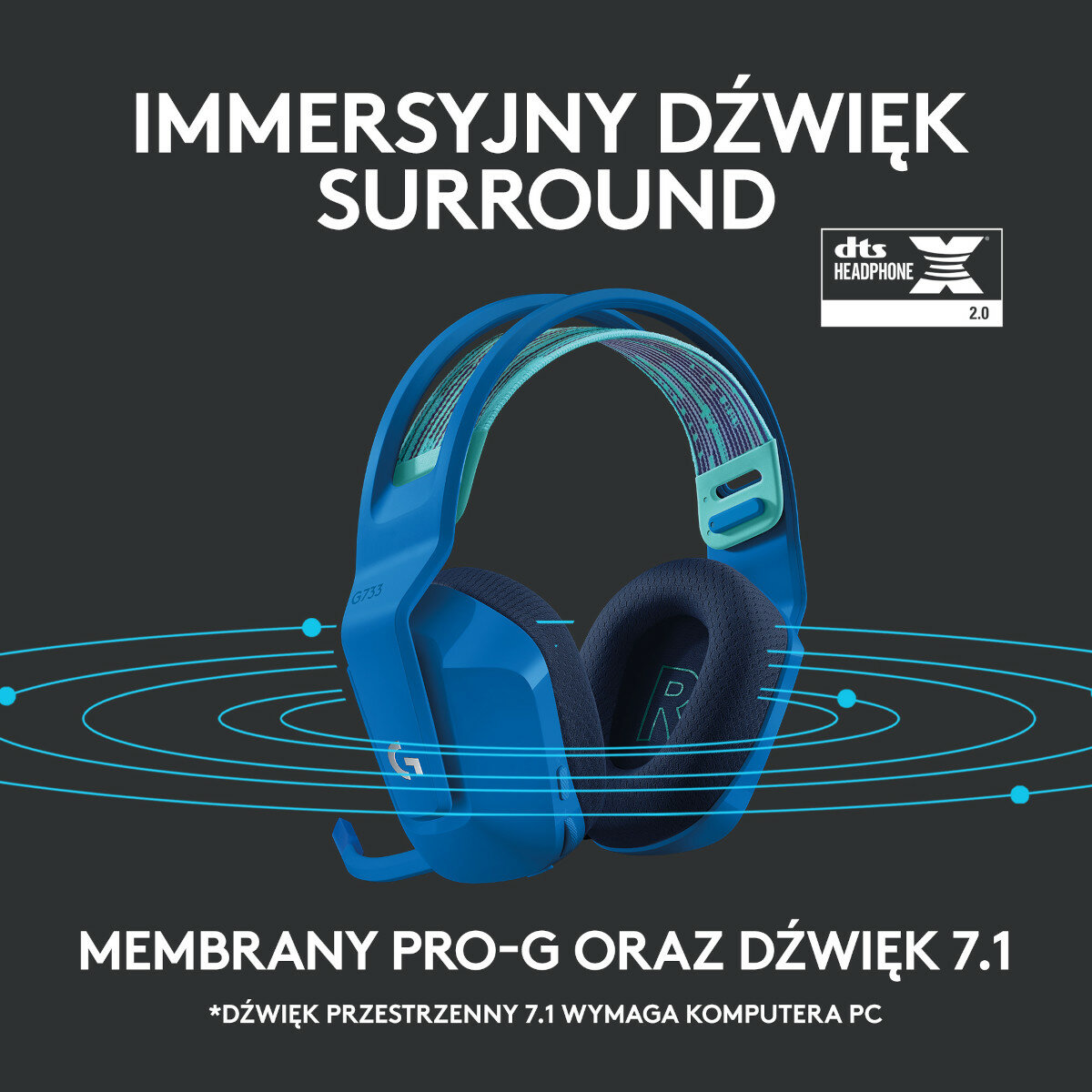 Niebieski zestaw słuchawkowy do gier. Tekst: 'Immersyjny dźwięk przestrzenny' i 'DTS Headphone X 2.0'.