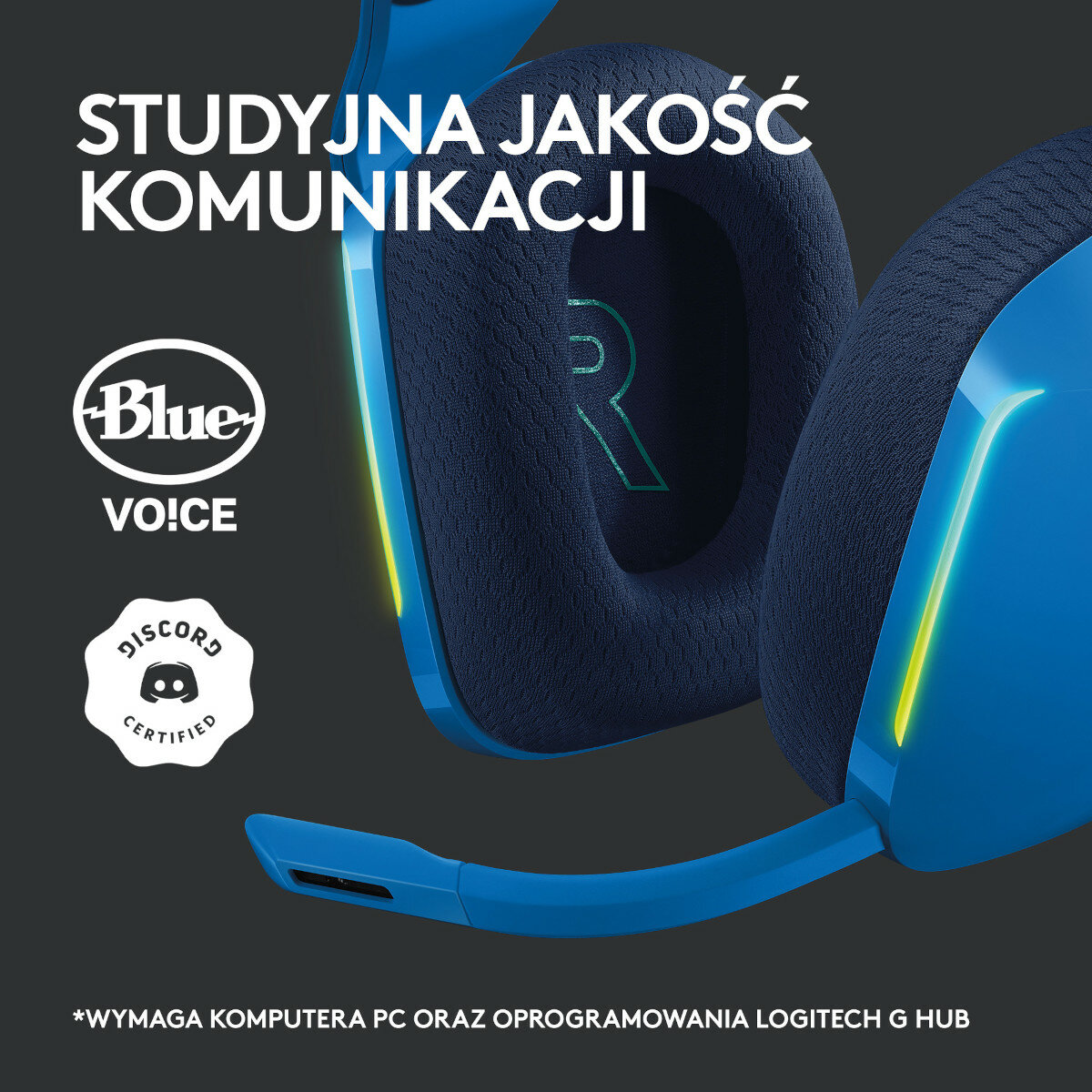 Niebieski zestaw słuchawkowy dla graczy z mikrofonem. Design zawiera logo Blue Vo!ce.