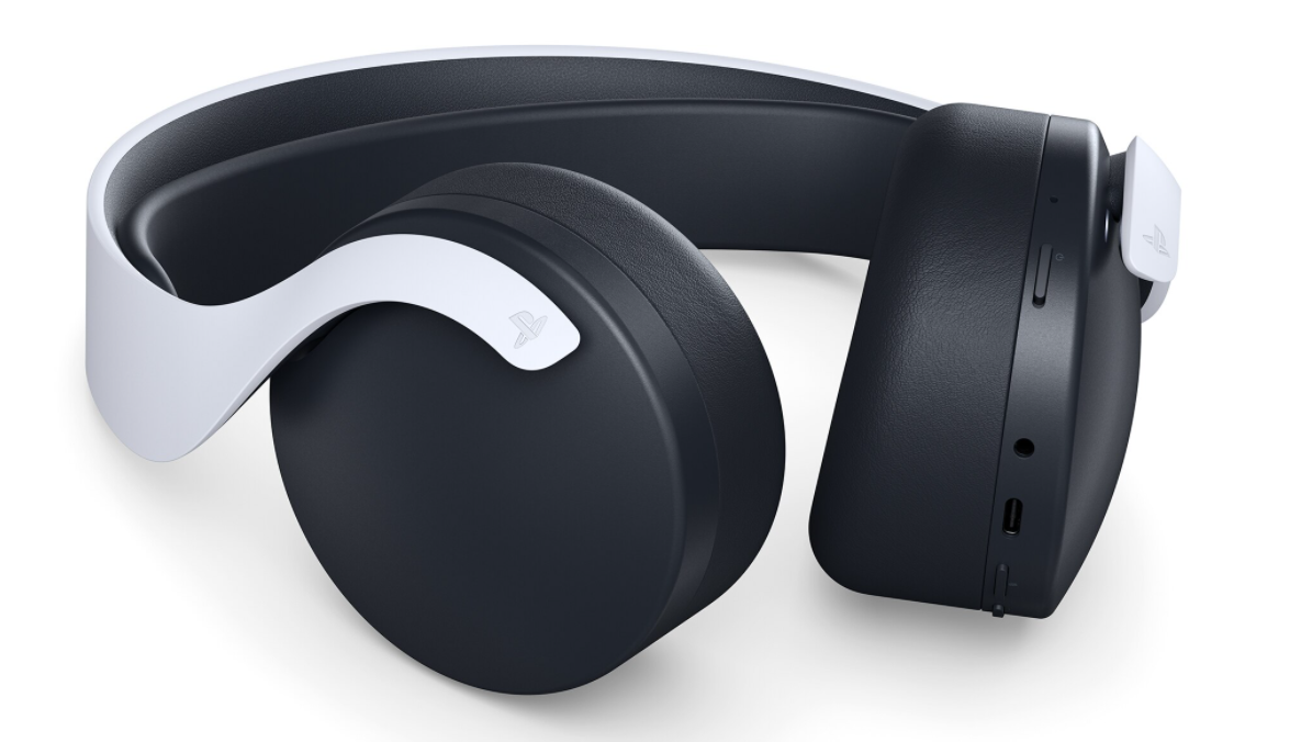 Słuchawki. Słuchawki są czarno-białe. Lewy nausznik pokazuje logo PlayStation.