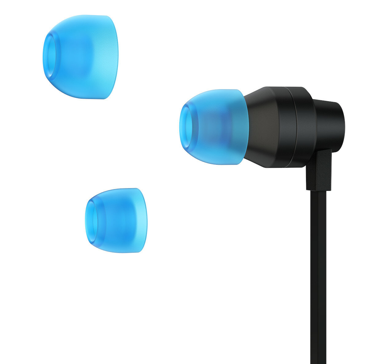 Końcówki słuchawek w kolorze niebieskim i czarny kabel słuchawkowy. Białe tło.