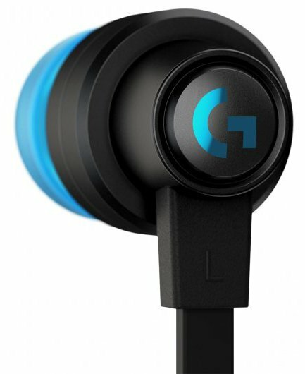 Czarny wkładka douszna z niebieskim akcentem z bliska, pokazując niebieskie logo 'G'.