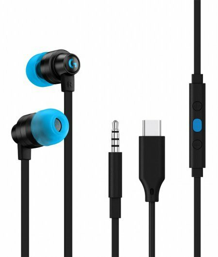 Czarne i niebieskie słuchawki douszne z wieloma wtyczkami i złączem USB-C do ładowania.