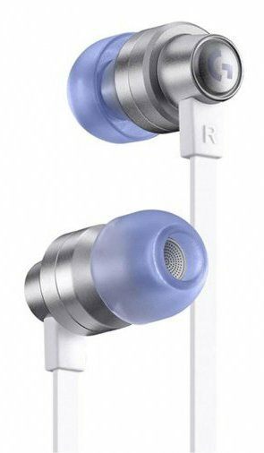 Słuchawki Logitech. Srebrne i niebieskie, biały kabel. Słuchawki z niebieskimi końcówkami. Logo Logitech z boku.