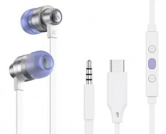 Białe i srebrne słuchawki douszne, z panelem sterowania i kablem ładującym.