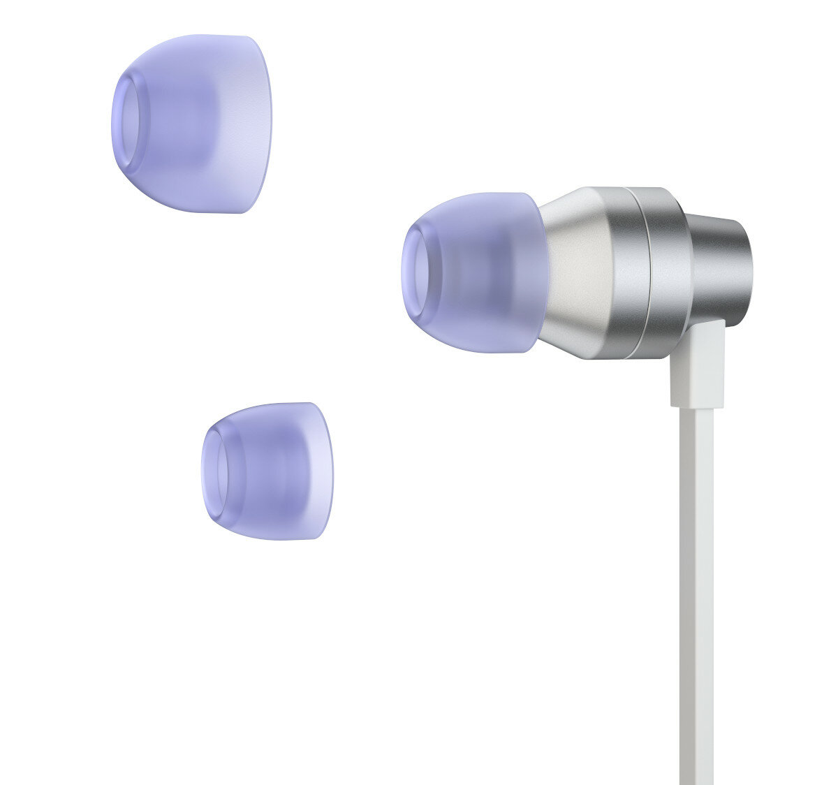 Słuchawki douszne z fioletowymi końcówkami i srebrnym korpusem, z dodatkowymi końcówkami.