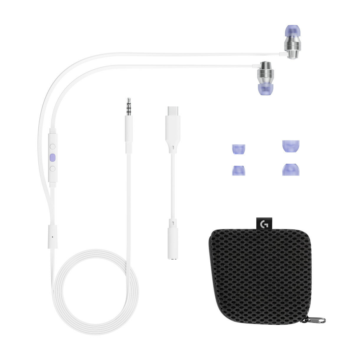 Białe słuchawki Logitech z akcesoriami na białym tle.