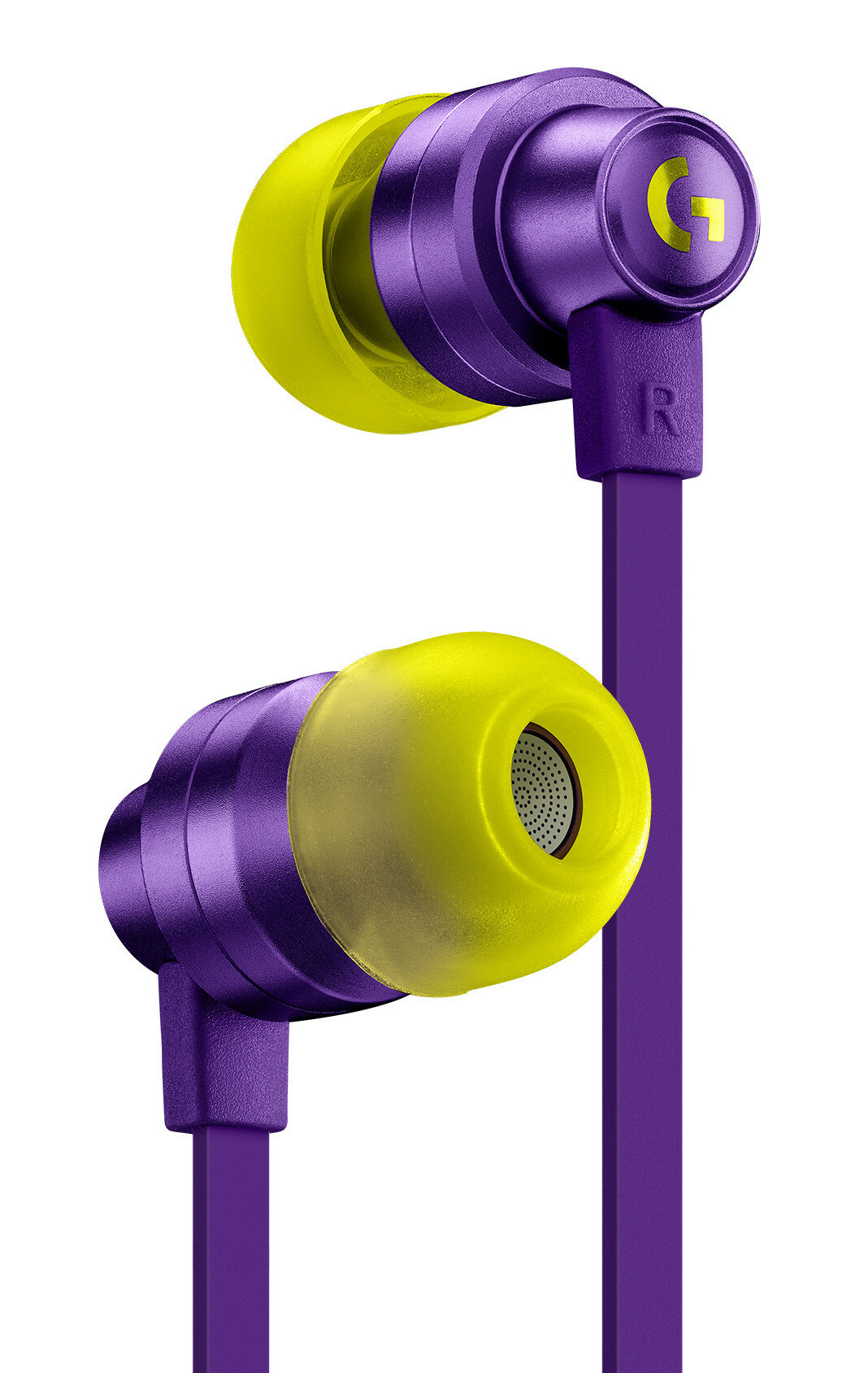Fioletowe i żółte słuchawki Logitech. Żółte końcówki, fioletowy korpus i fioletowy kabel.