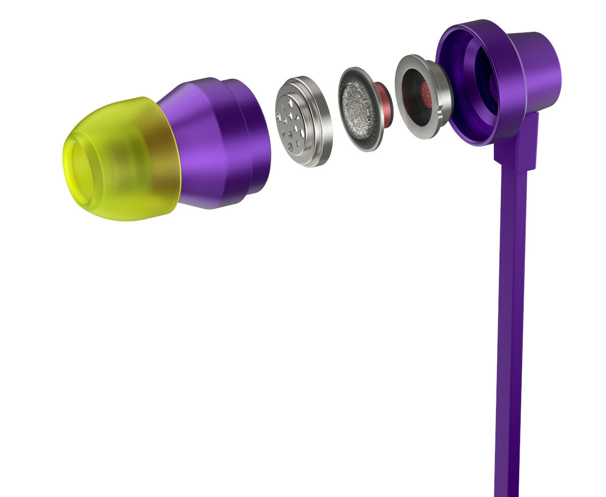 Widok rozstrzelony słuchawki dousznej pokazujący elementy wewnętrzne w kolorach fioletowym i żółtym.