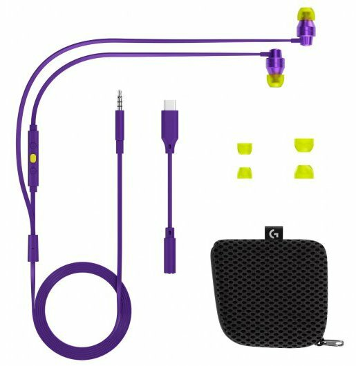 Fioletowe i żółte słuchawki douszne z kablem sterowania i ładowania oraz etui.