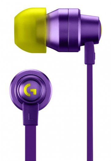 Fioletowe słuchawki Logitech z żółtymi końcówkami i fioletowymi przewodami, zbliżenie.